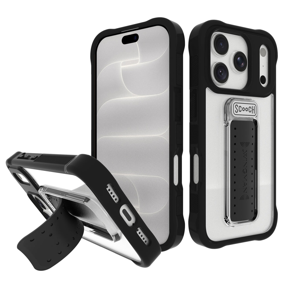 Scooch Wingman Tuxedo Clear case for iPhone 18 Pro, angled views on silver phone