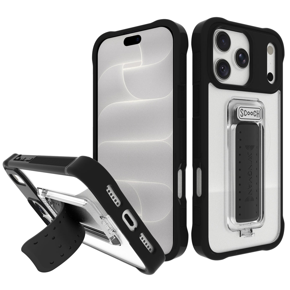 Scooch Wingman Tuxedo Clear case for iPhone 18 Pro Max, angled views on silver phone