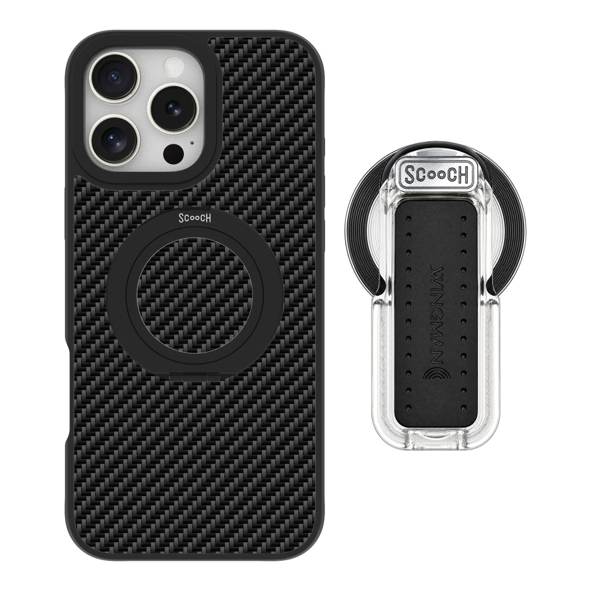 Scooch MagCase Carbon Fiber for iPhone 16 Pro Max — MagSafe Wingback Bundle - Clear