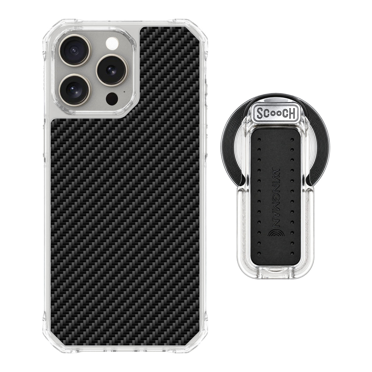 Scooch MagCase Carbon Fiber for iPhone 15 Pro Max — MagSafe Wingback Bundle - Clear