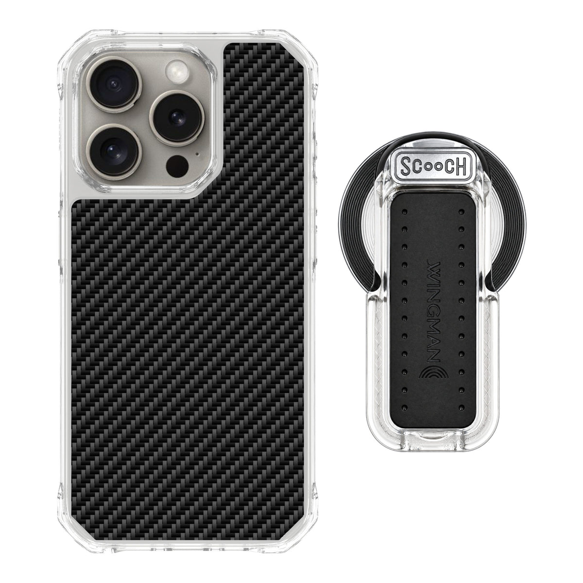 Scooch MagCase Carbon Fiber for iPhone 15 Pro — MagSafe Wingback Bundle - Clear