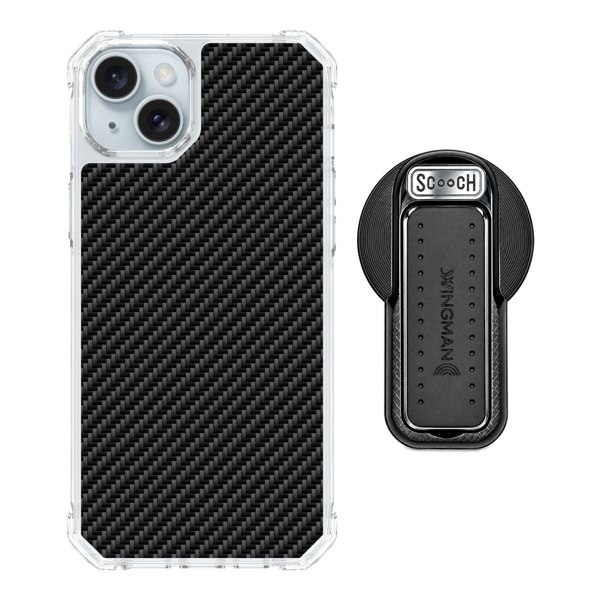 Scooch MagCase Carbon Fiber for iPhone 15 Plus — MagSafe Wingback Bundle - Black