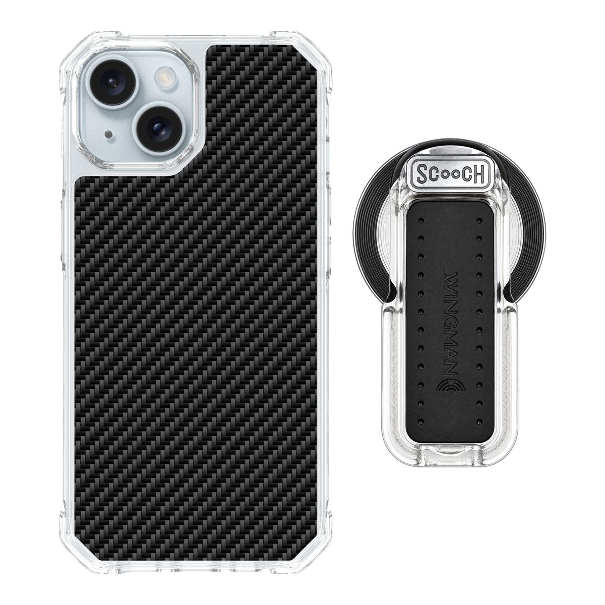 Scooch MagCase Carbon Fiber for iPhone 15 — MagSafe Wingback Bundle - Clear