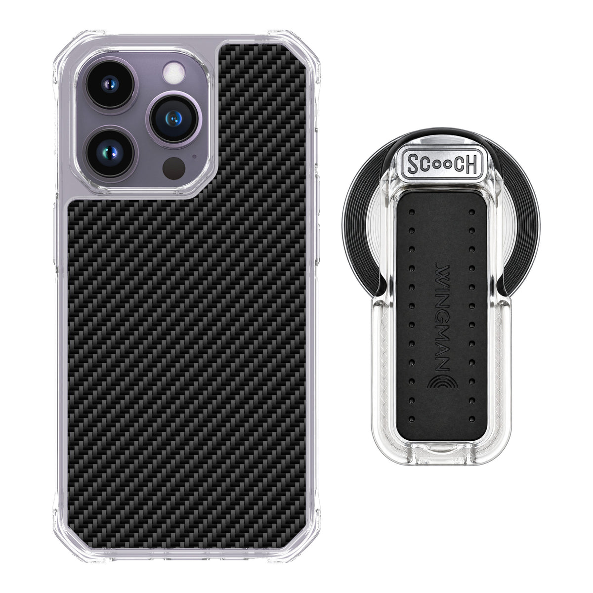Scooch MagCase Carbon Fiber for iPhone 14 Pro — MagSafe Wingback Bundle - Clear