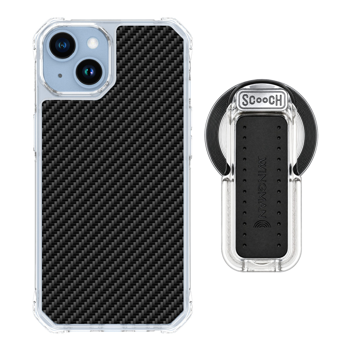 Scooch MagCase Carbon Fiber for iPhone 14 — MagSafe Wingback Bundle - Clear