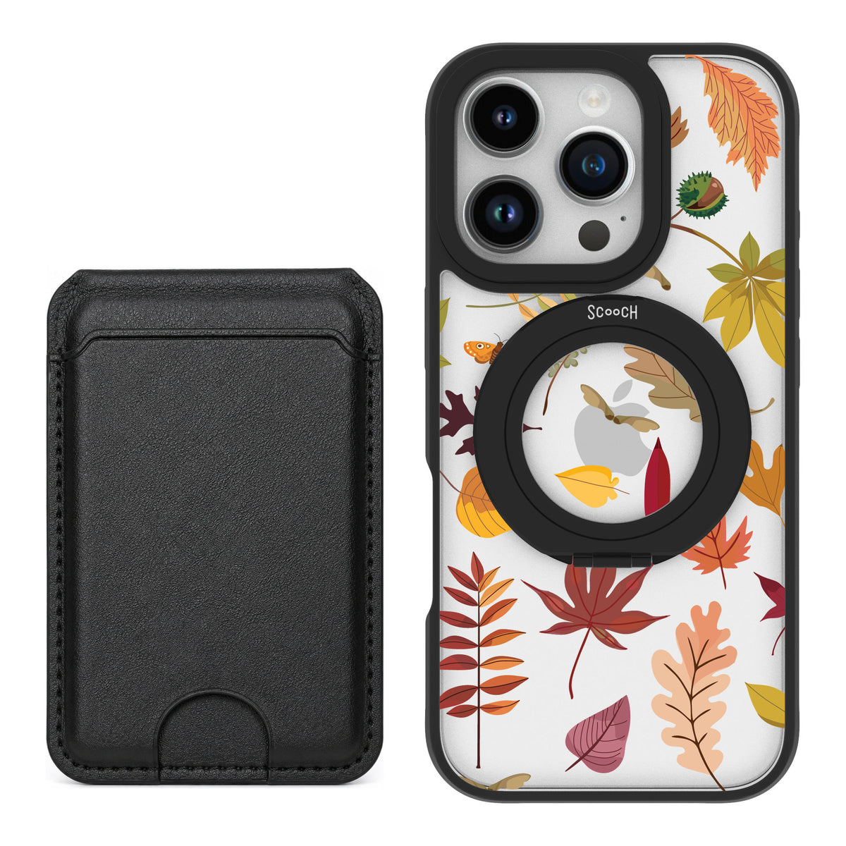 Scooch MagCase Autumn Leaves for iPhone 16 Pro — Black MagWallet Bundle