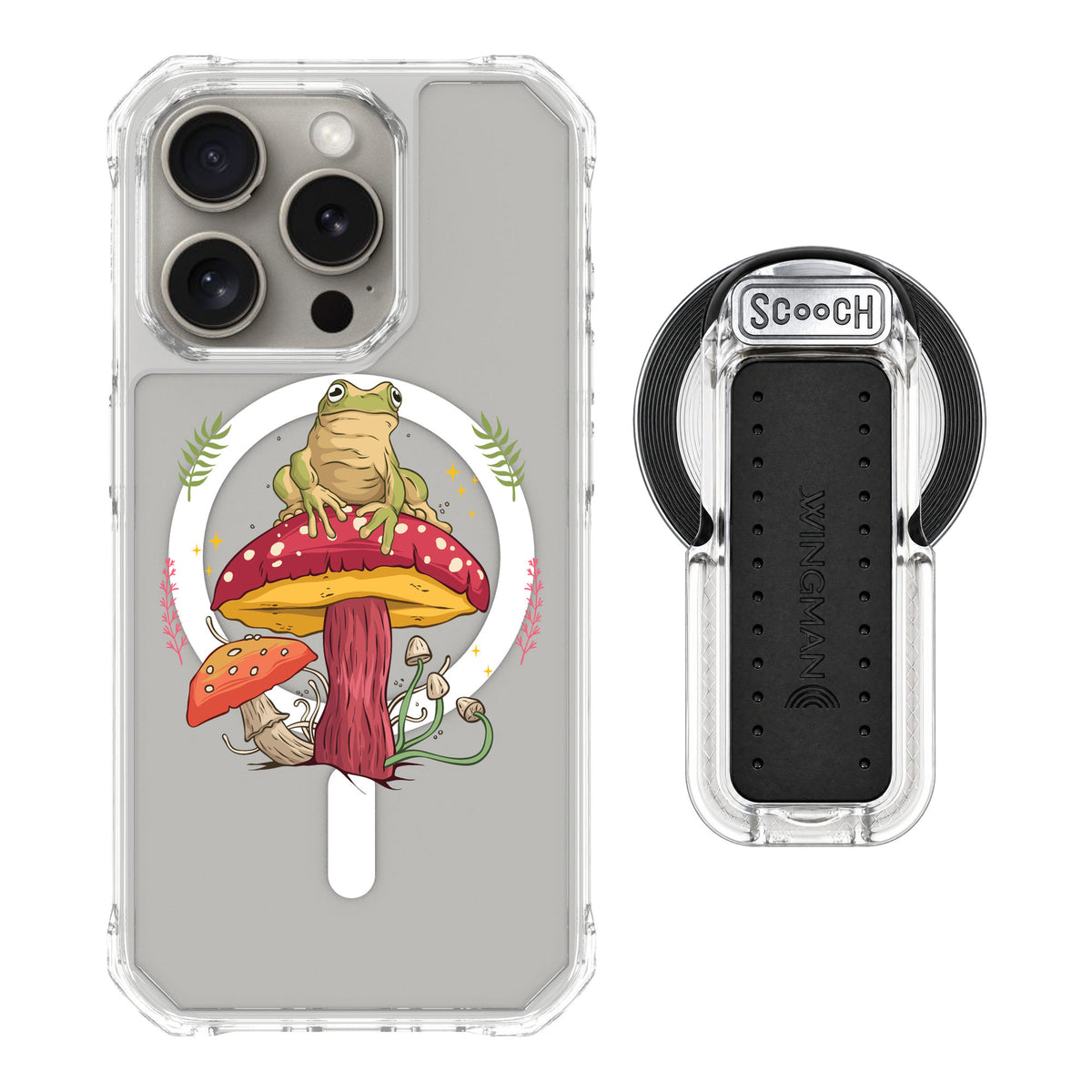 Scooch MagCase Toadstool Frog for iPhone 15 Pro — MagSafe Wingback Bundle - Clear