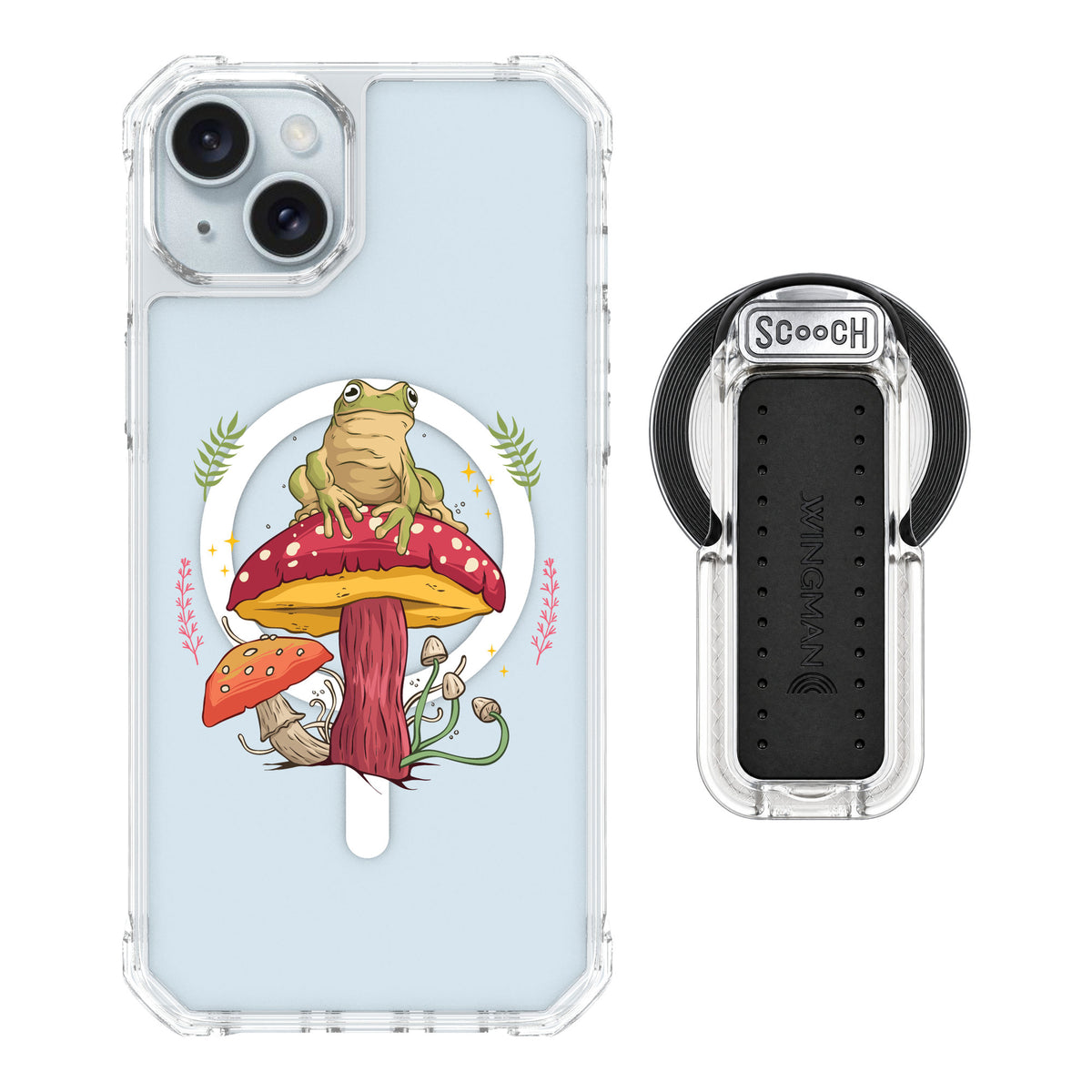 Scooch MagCase Toadstool Frog for iPhone 14 Plus — MagSafe Wingback Bundle - Clear
