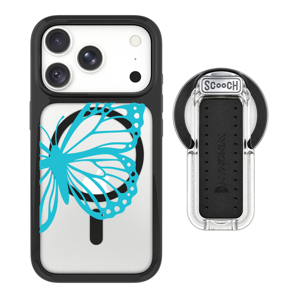 Scooch MagCase Azure Butterfly for iPhone 18 Pro Max — MagSafe Wingback Bundle - Clear