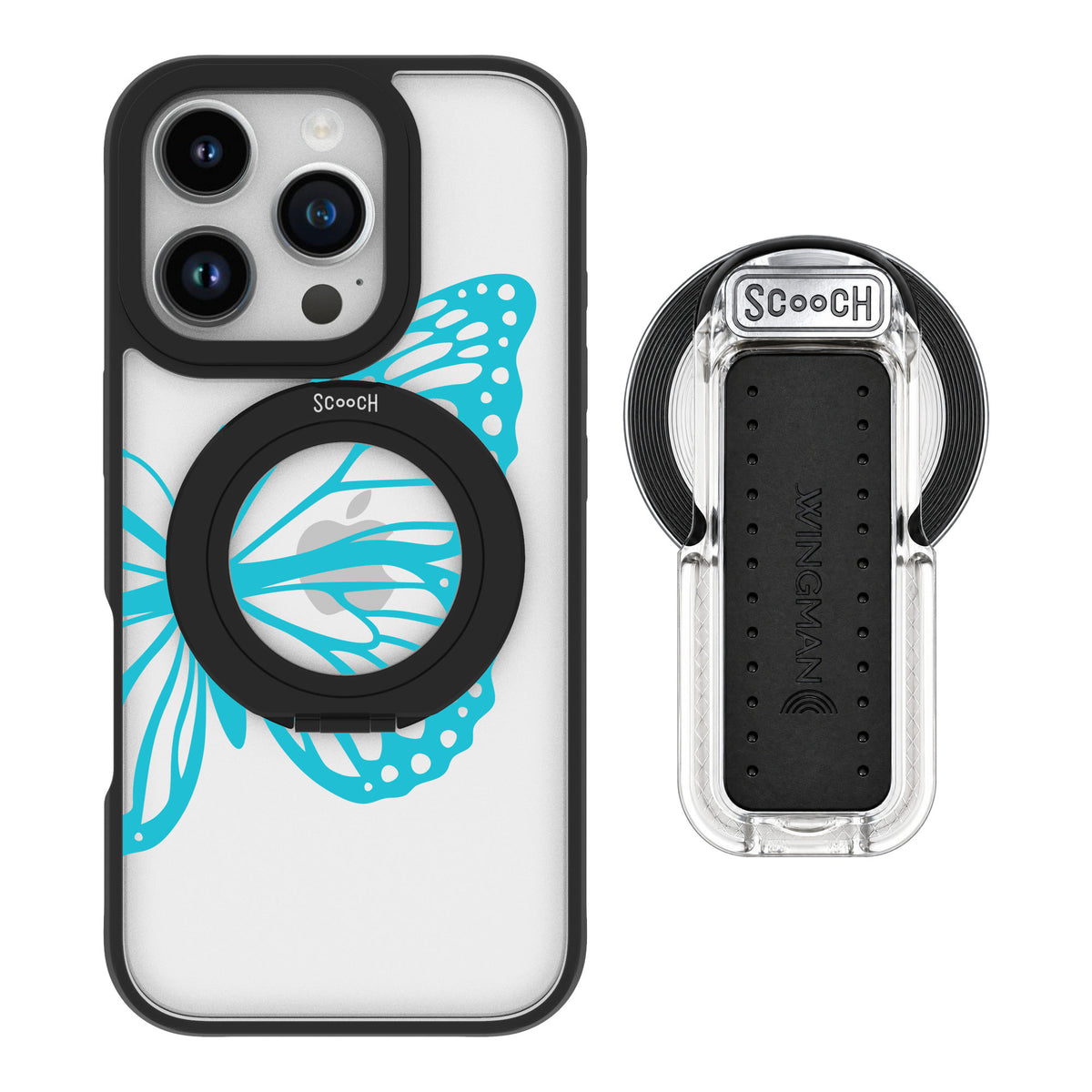 Scooch MagCase Azure Butterfly for iPhone 16 Pro — MagSafe Wingback Bundle - Clear