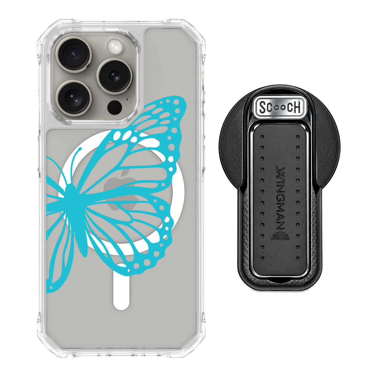 Scooch MagCase Azure Butterfly for iPhone 15 Pro — MagSafe Wingback Bundle - Black