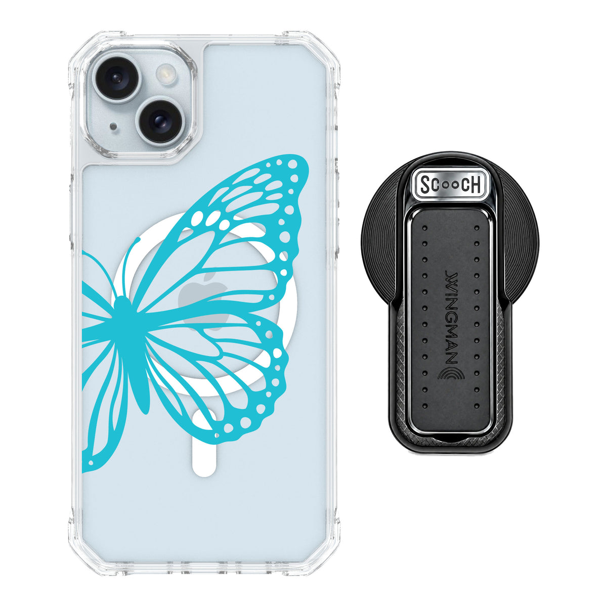 Scooch MagCase Azure Butterfly for iPhone 15 Plus — MagSafe Wingback Bundle - Black