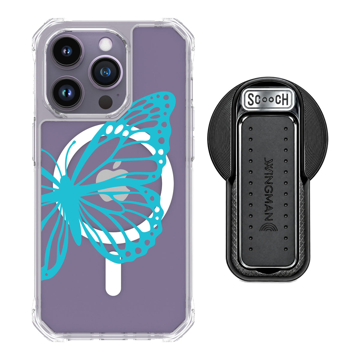 Scooch MagCase Azure Butterfly for iPhone 14 Pro — MagSafe Wingback Bundle - Black