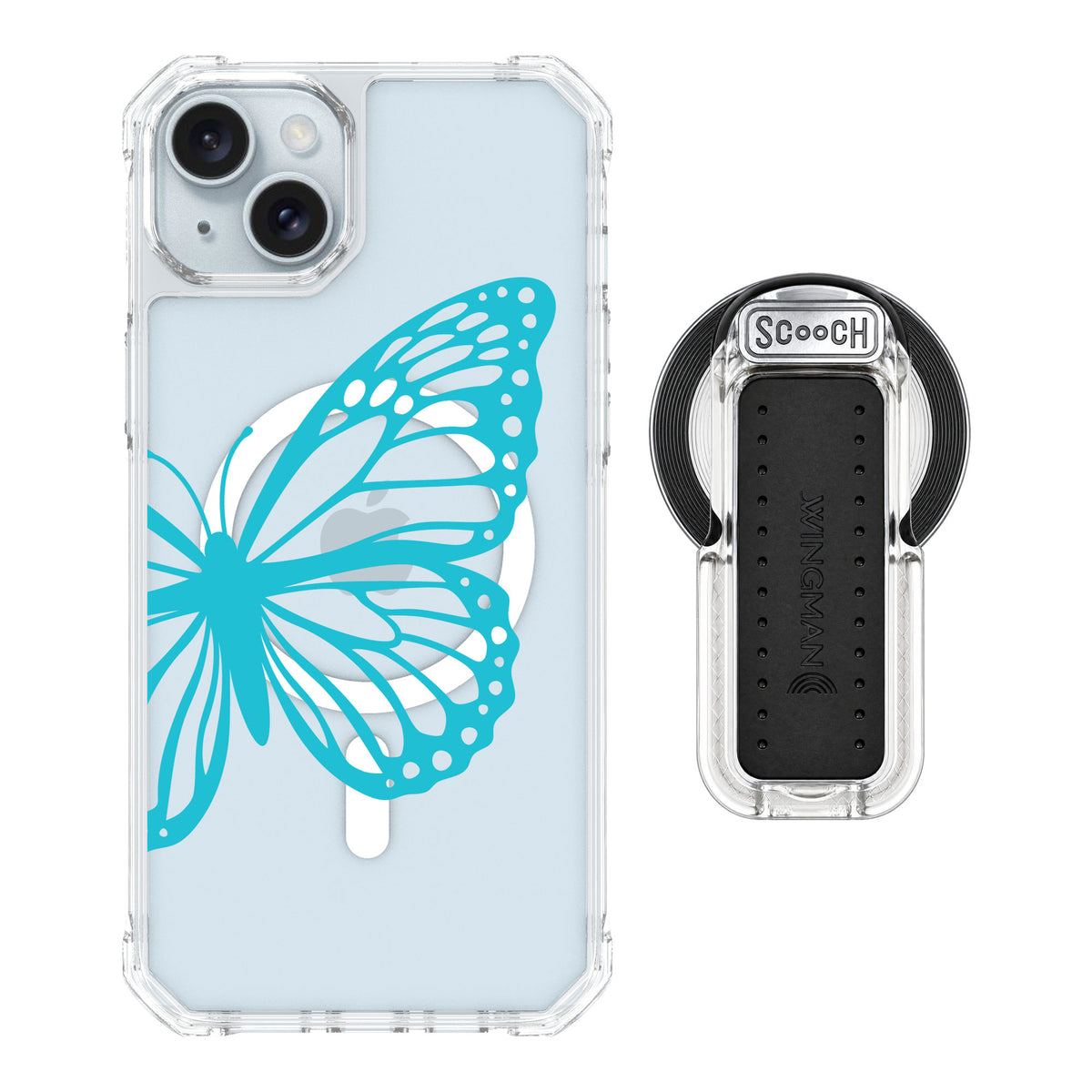 Scooch MagCase Azure Butterfly for iPhone 14 Plus — MagSafe Wingback Bundle - Clear