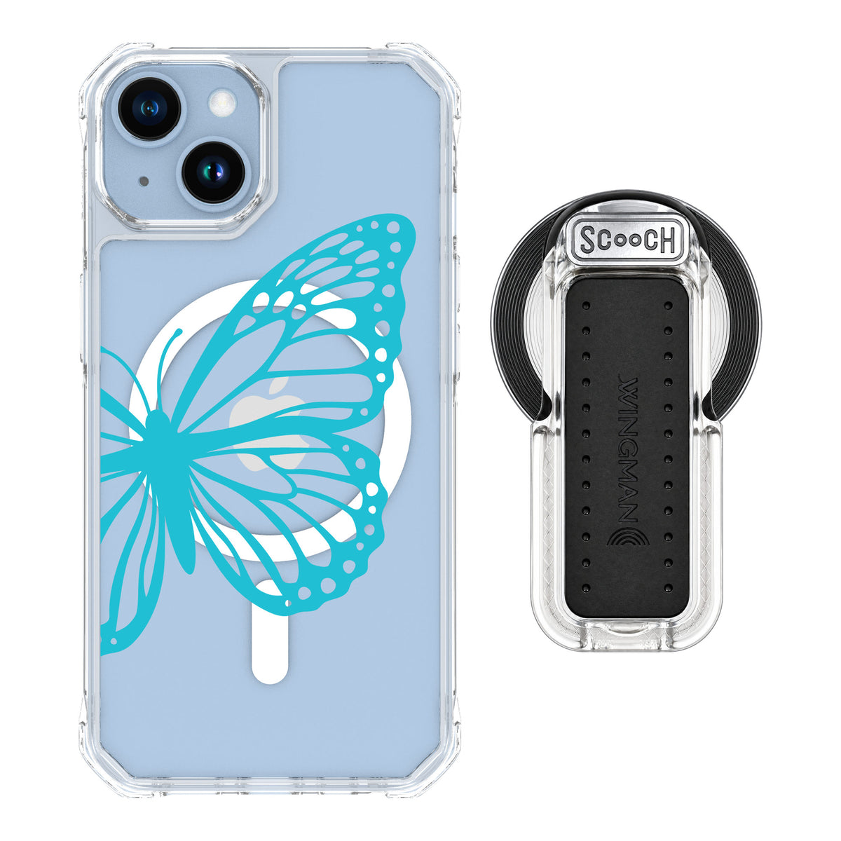 Scooch MagCase Azure Butterfly for iPhone 14 — MagSafe Wingback Bundle - Clear