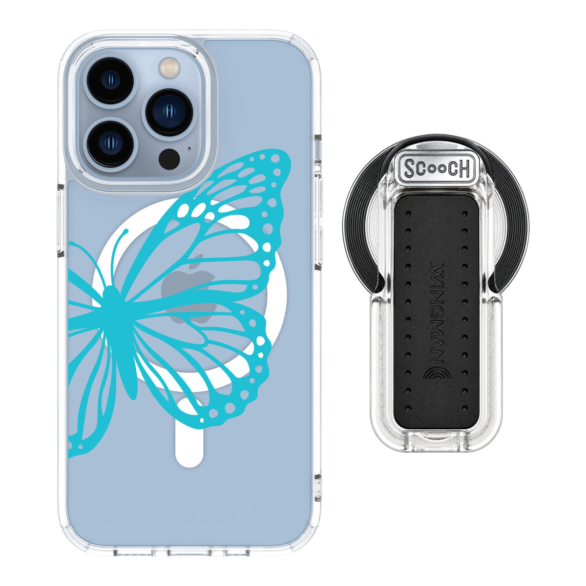 Scooch MagCase Azure Butterfly for iPhone 13 Pro — MagSafe Wingback Bundle - Clear