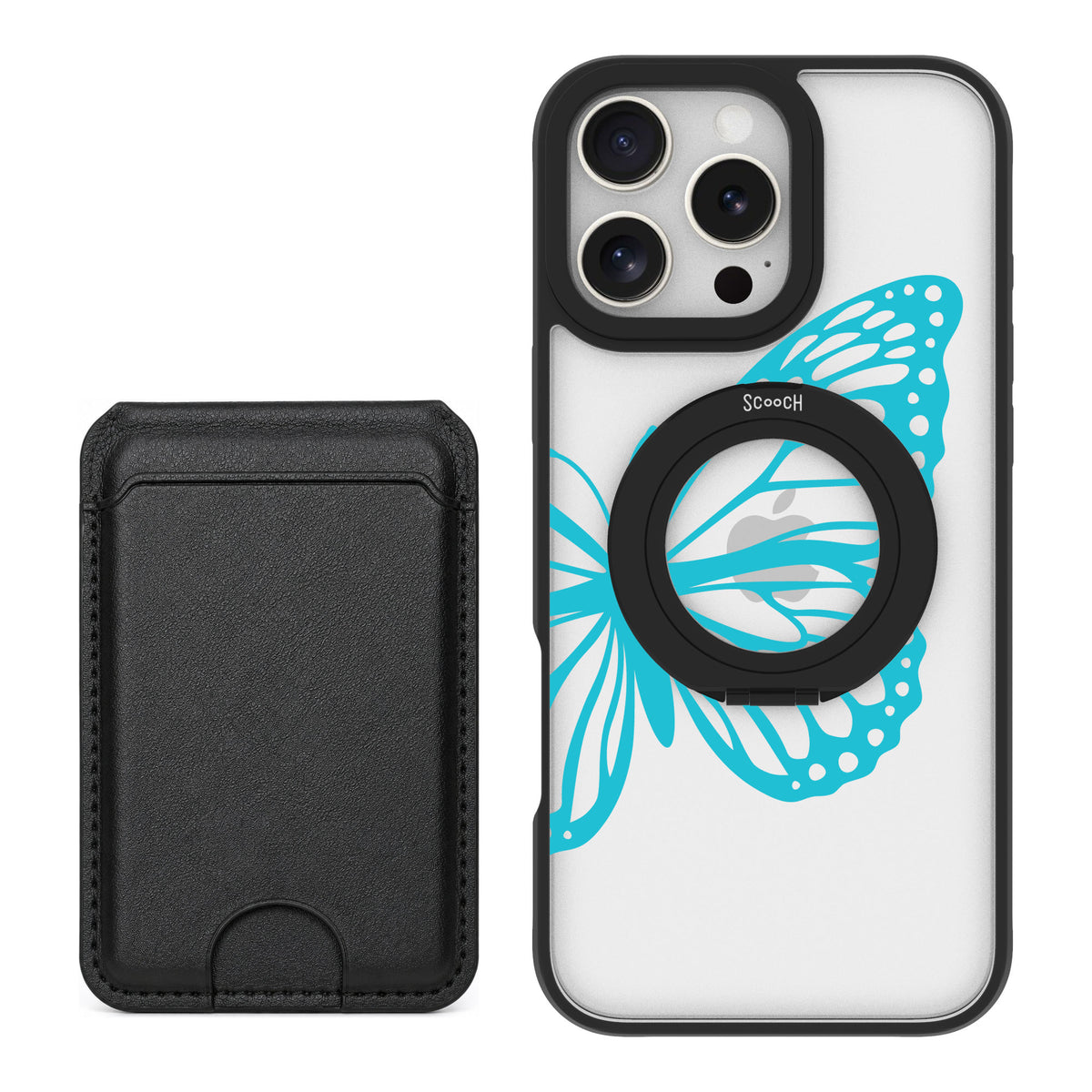 Scooch MagCase Azure Butterfly for iPhone 16 Pro Max — Black MagWallet Bundle