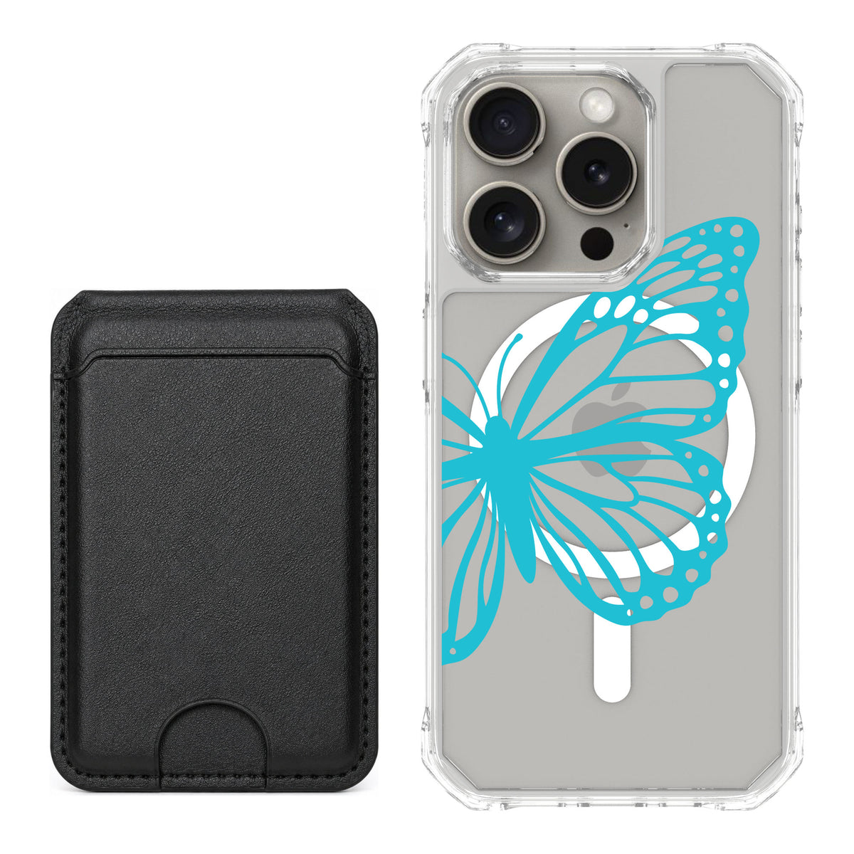 Scooch MagCase Azure Butterfly for iPhone 15 Pro — Black MagWallet Bundle