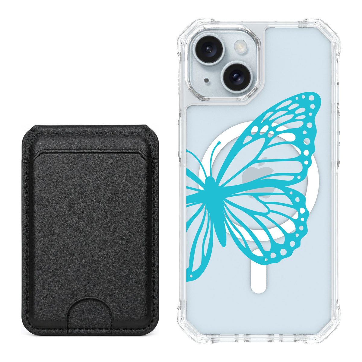 Scooch MagCase Azure Butterfly for iPhone 15 — Black MagWallet Bundle