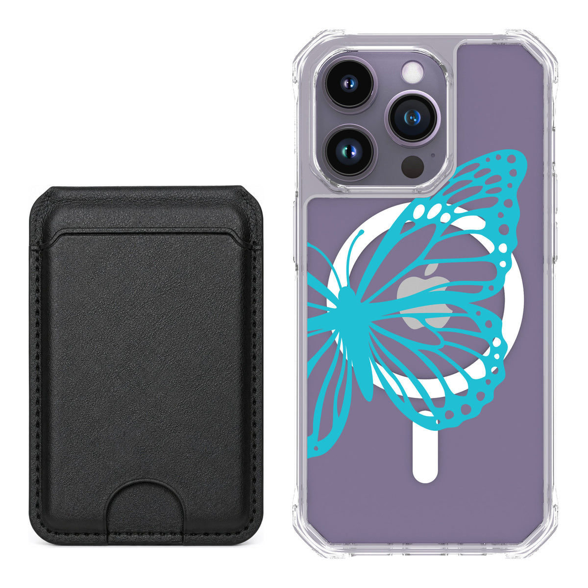 Scooch MagCase Azure Butterfly for iPhone 14 Pro — Black MagWallet Bundle