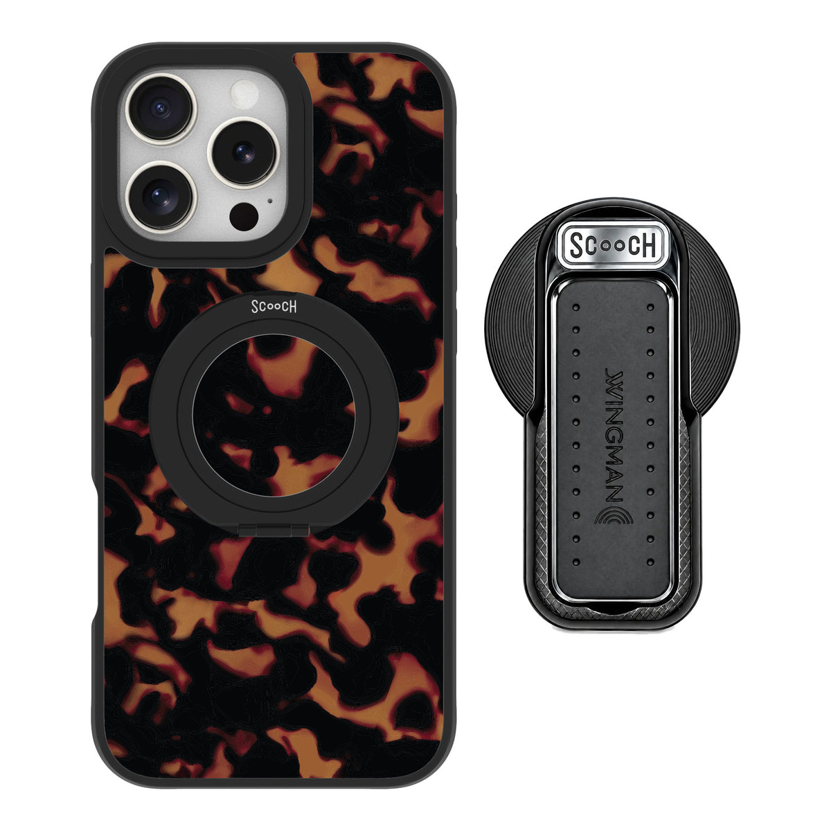 Scooch MagCase Tortoise Shell for iPhone 16 Pro Max — MagSafe Wingback Bundle - Black