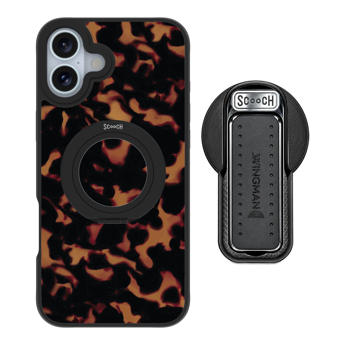 Scooch MagCase Tortoise Shell for iPhone 16 Plus — MagSafe Wingback Bundle - Black