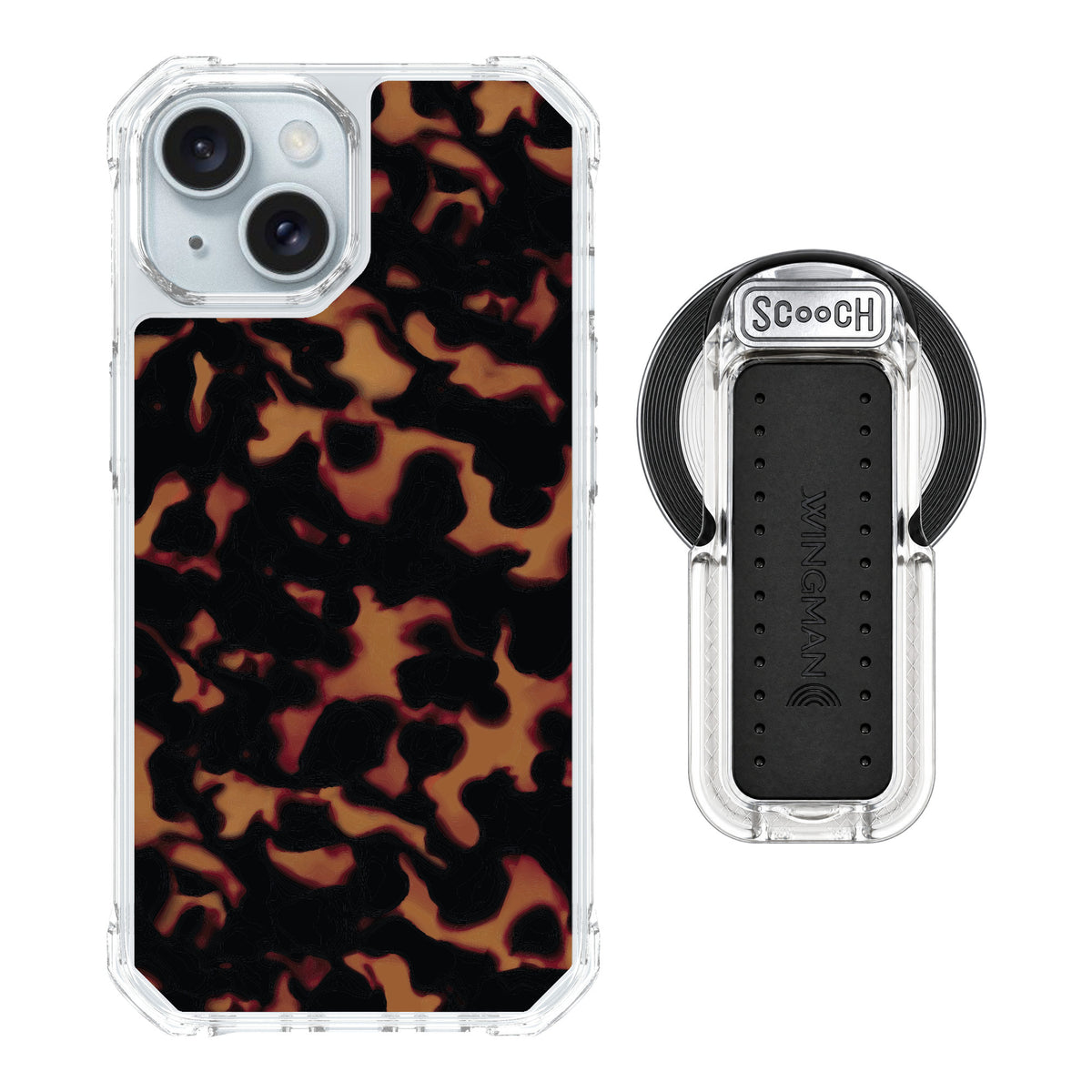 Scooch MagCase Tortoise Shell for iPhone 15 — MagSafe Wingback Bundle - Clear
