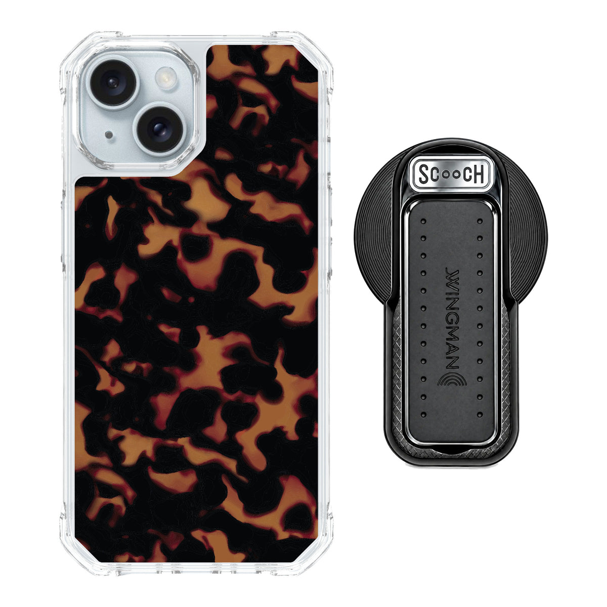 Scooch MagCase Tortoise Shell for iPhone 15 — MagSafe Wingback Bundle - Black