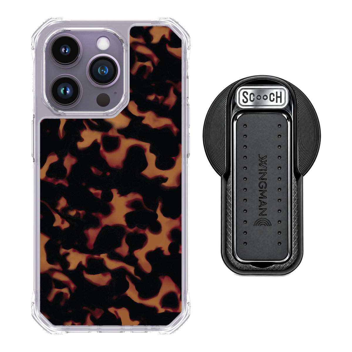 Scooch MagCase Tortoise Shell for iPhone 14 Pro — MagSafe Wingback Bundle - Black