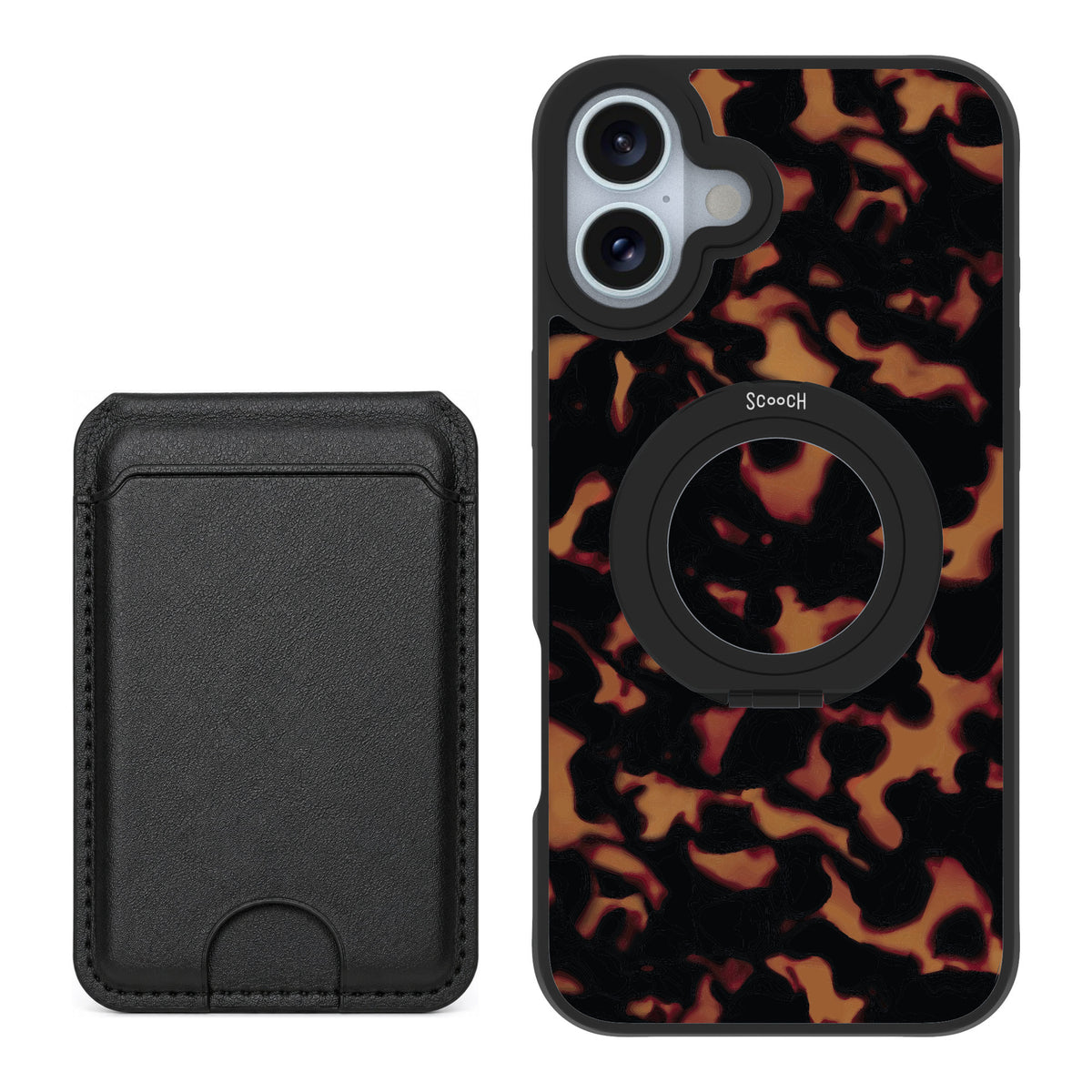 Scooch MagCase Tortoise Shell for iPhone 16 Plus — Black MagWallet Bundle