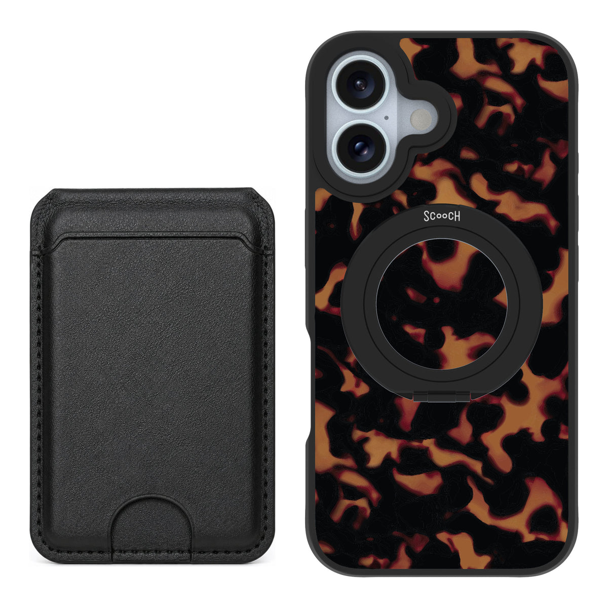 Scooch MagCase Tortoise Shell for iPhone 16 — Black MagWallet Bundle