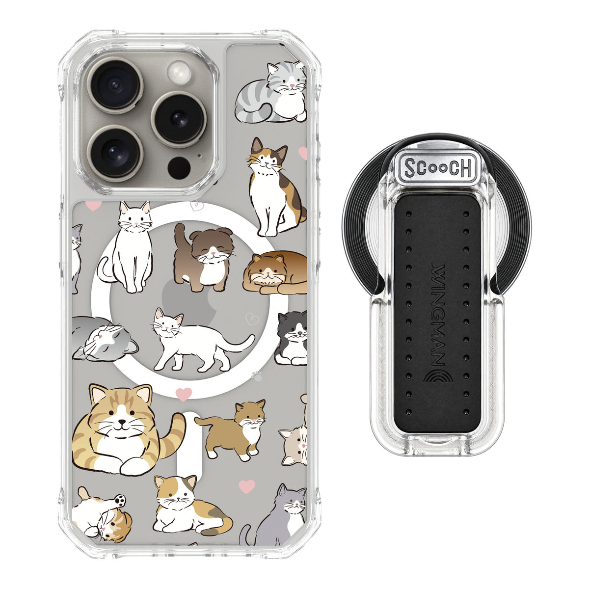 Scooch MagCase Cat Party for iPhone 15 Pro — MagSafe Wingback Bundle - Clear