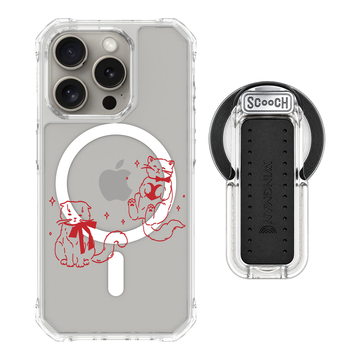 Scooch MagCase Cupid's Cats for iPhone 15 Pro — MagSafe Wingback Bundle - Clear