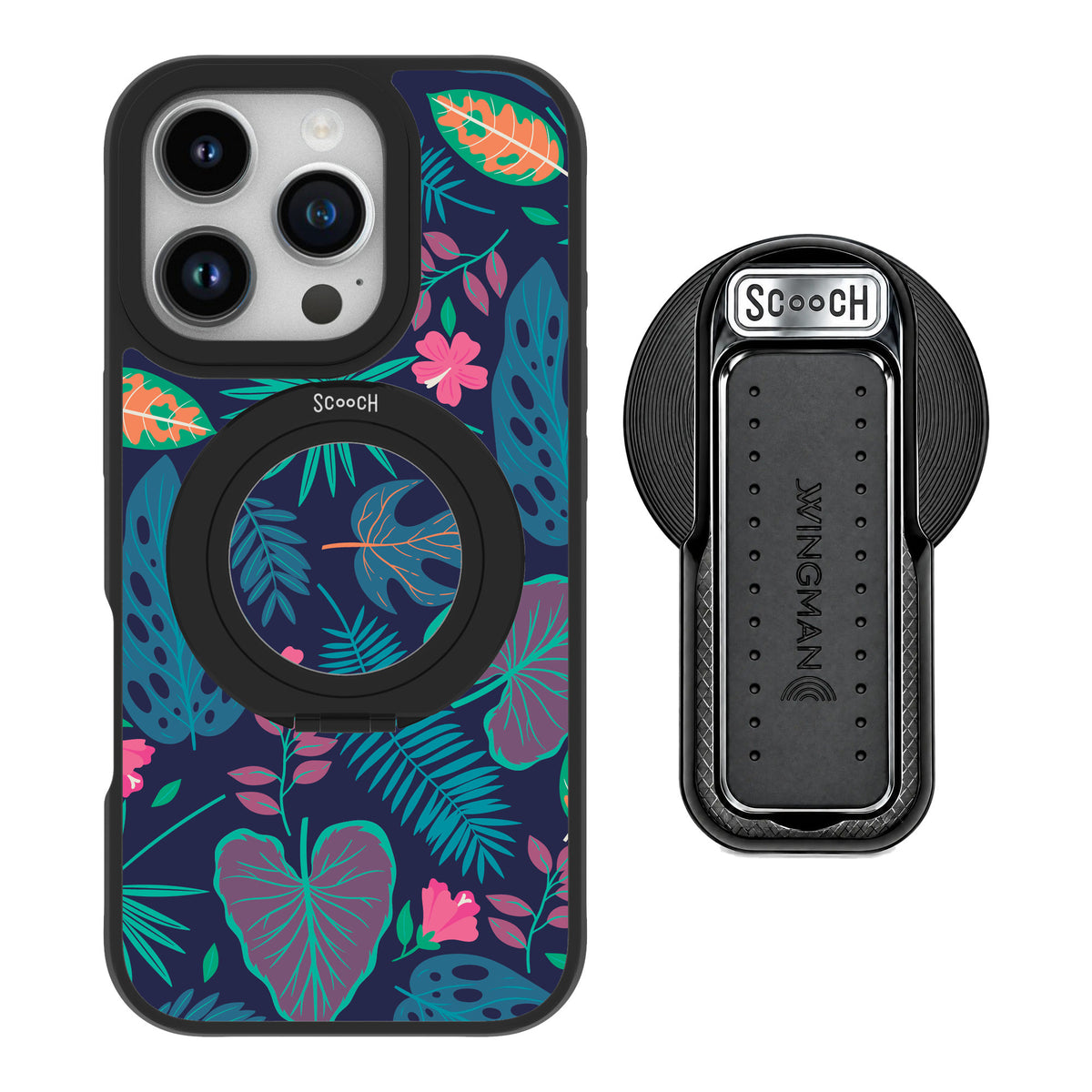 Scooch MagCase Tropical Leaves for iPhone 16 Pro — MagSafe Wingback Bundle - Black