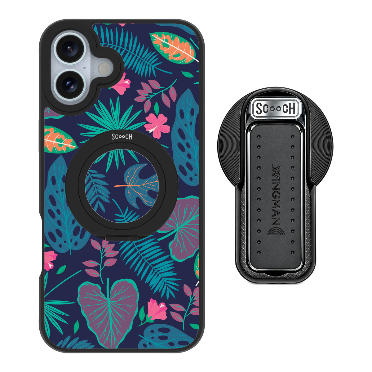 Scooch MagCase Tropical Leaves for iPhone 16 Plus — MagSafe Wingback Bundle - Black