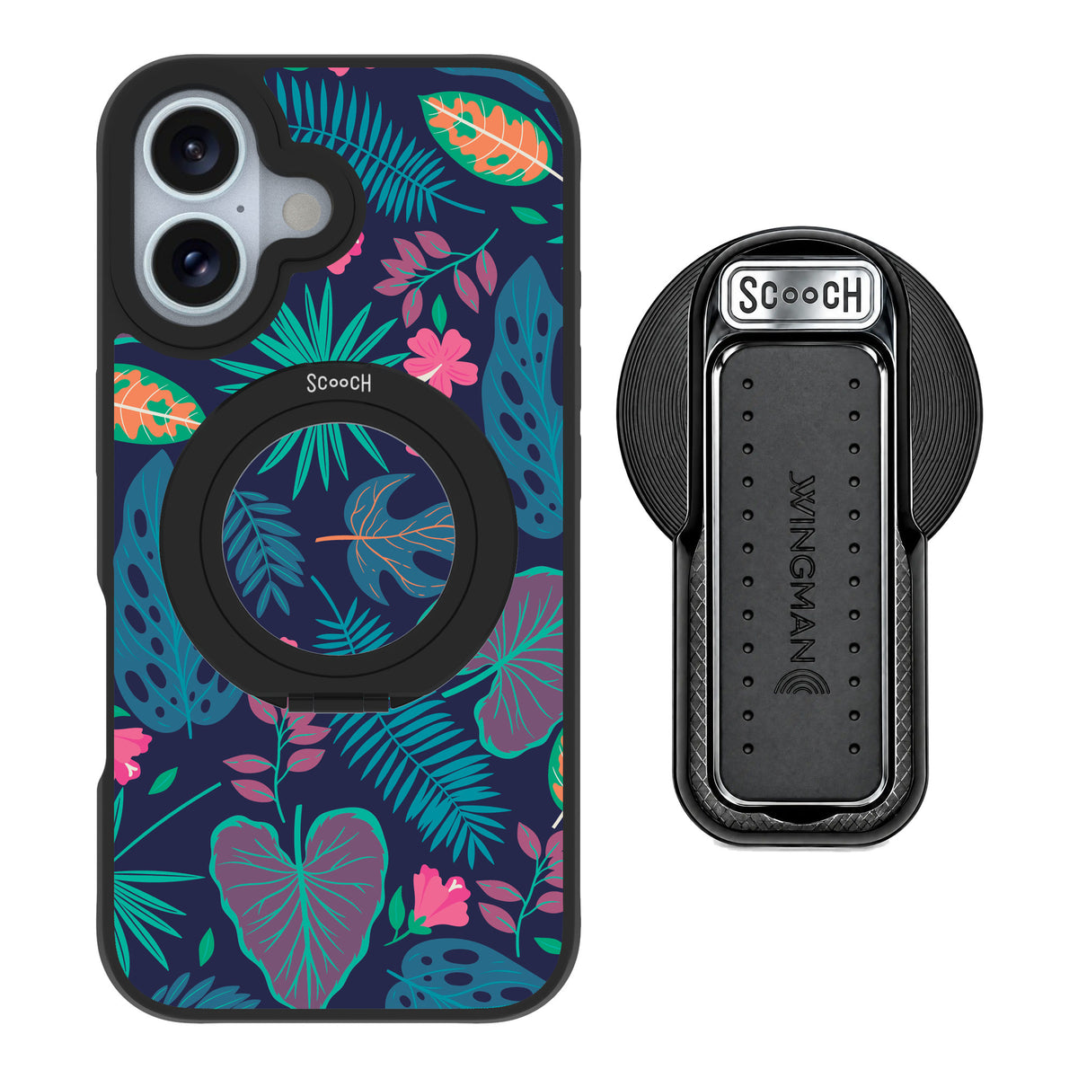 Scooch MagCase Tropical Leaves for iPhone 16 — MagSafe Wingback Bundle - Black