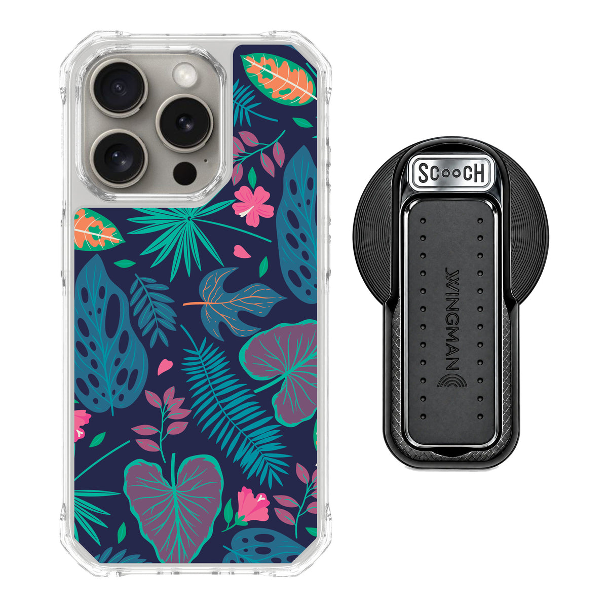 Scooch MagCase Tropical Leaves for iPhone 15 Pro — MagSafe Wingback Bundle - Black