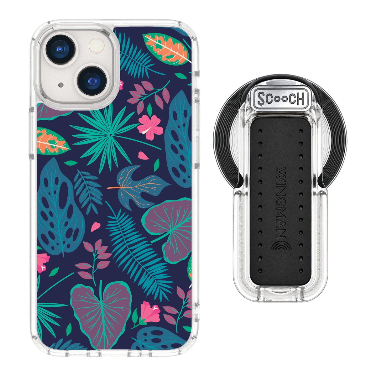 Scooch MagCase Tropical Leaves for iPhone 13 mini — MagSafe Wingback Bundle - Clear