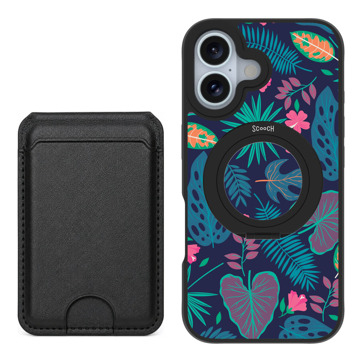 Scooch MagCase Tropical Leaves for iPhone 16 — Black MagWallet Bundle