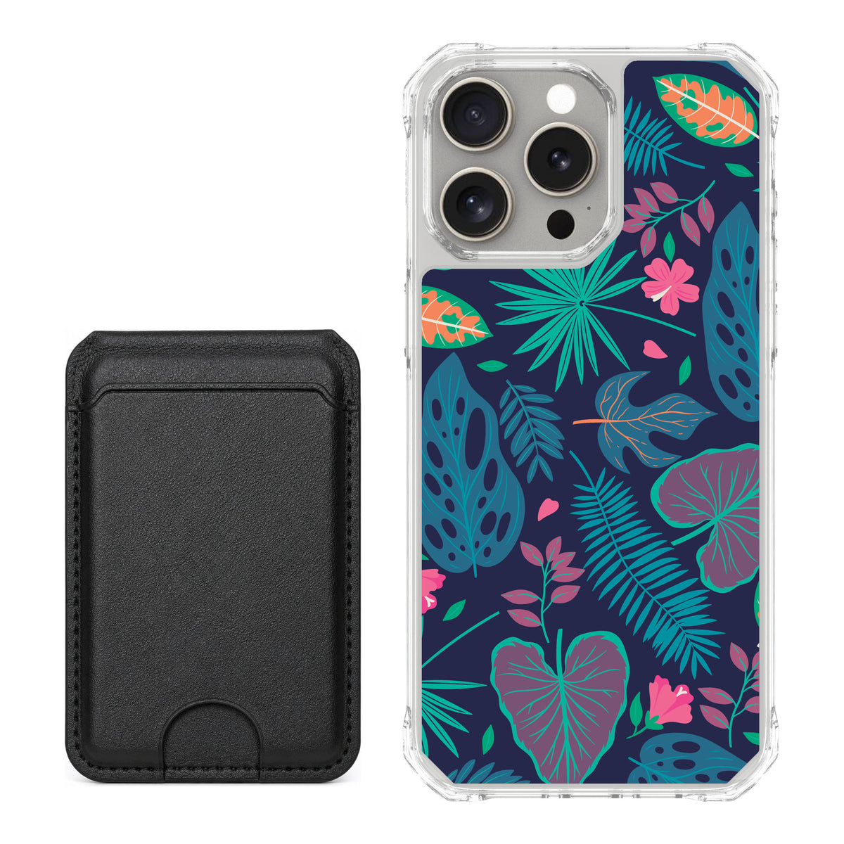 Scooch MagCase Tropical Leaves for iPhone 15 Pro Max — Black MagWallet Bundle