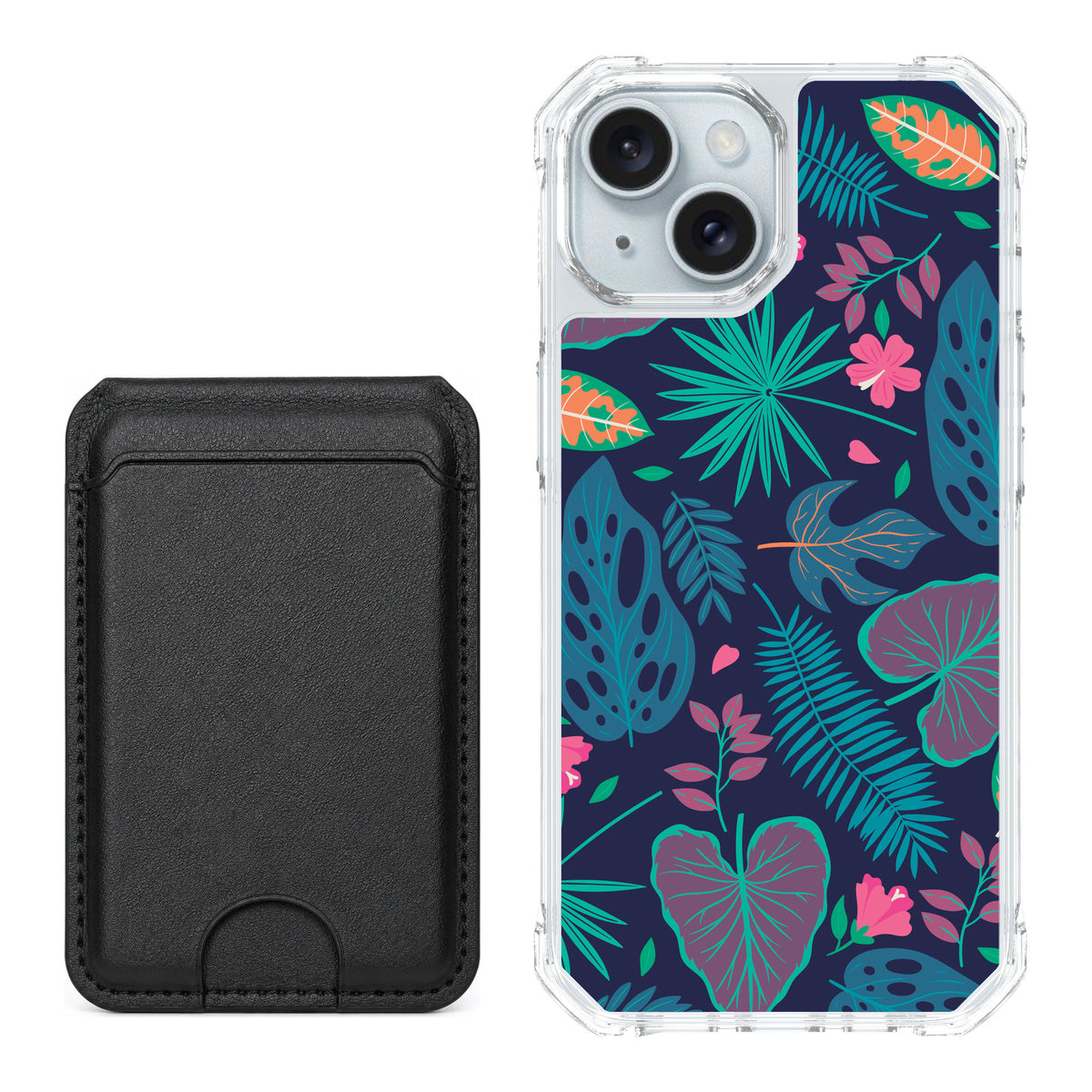 Scooch MagCase Tropical Leaves for iPhone 15 — Black MagWallet Bundle