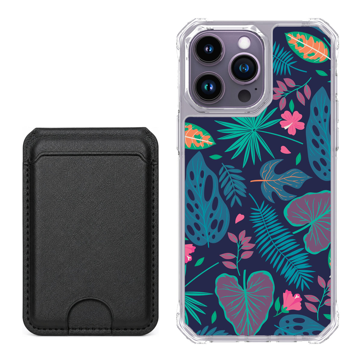 Scooch MagCase Tropical Leaves for iPhone 14 Pro Max — Black MagWallet Bundle