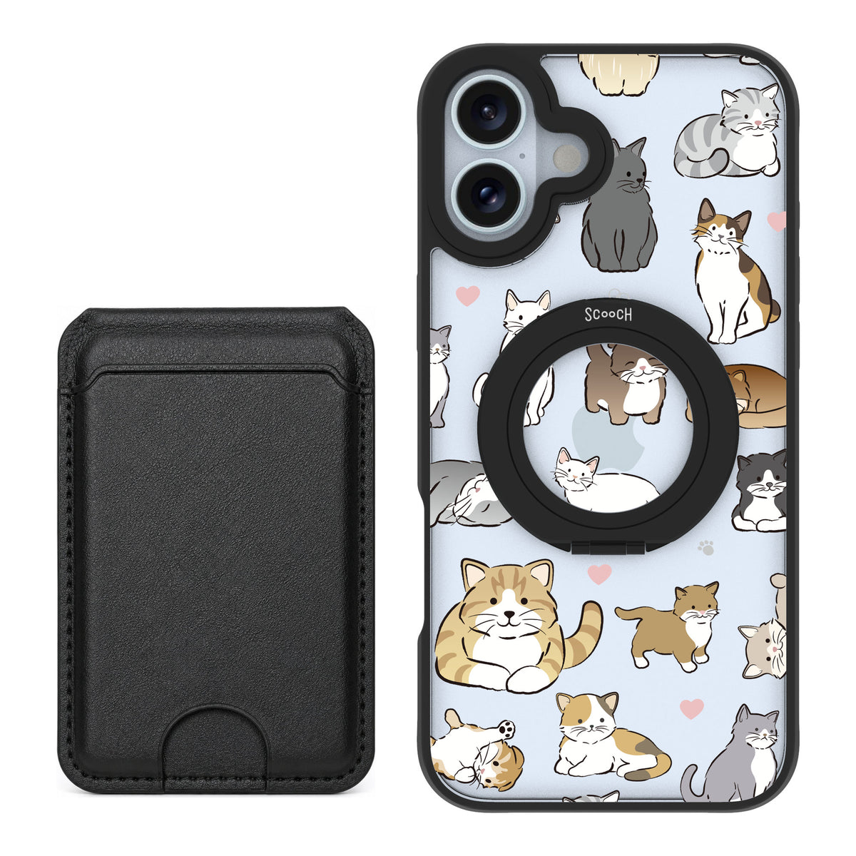 Scooch MagCase Cat Party for iPhone 16 Plus — Black MagWallet Bundle