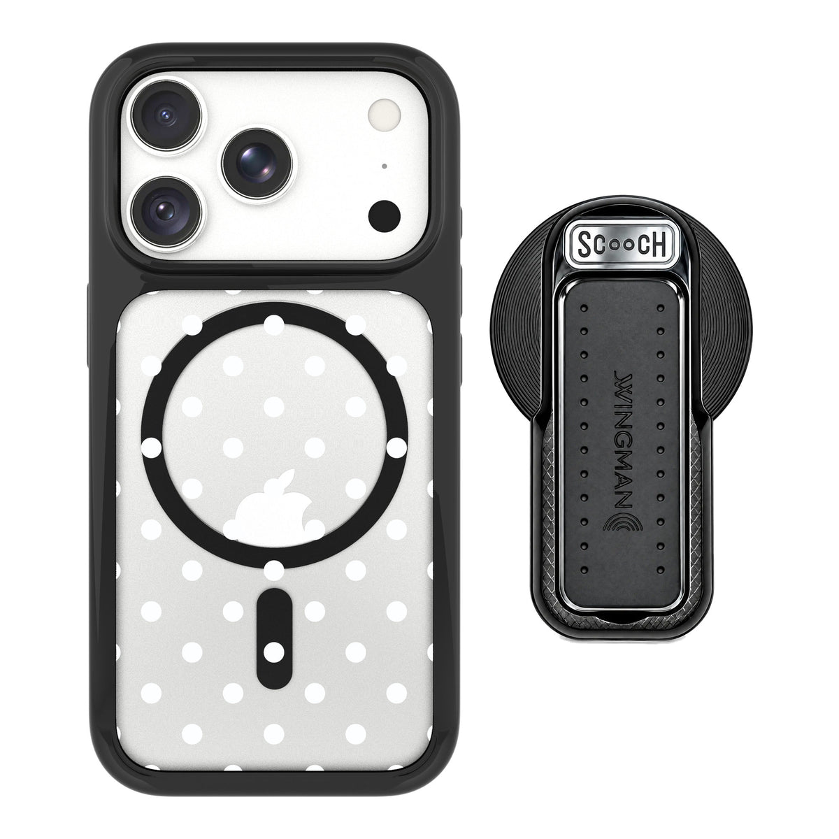 Scooch MagCase Polka Dots for iPhone 18 Pro — MagSafe Wingback Bundle - Black