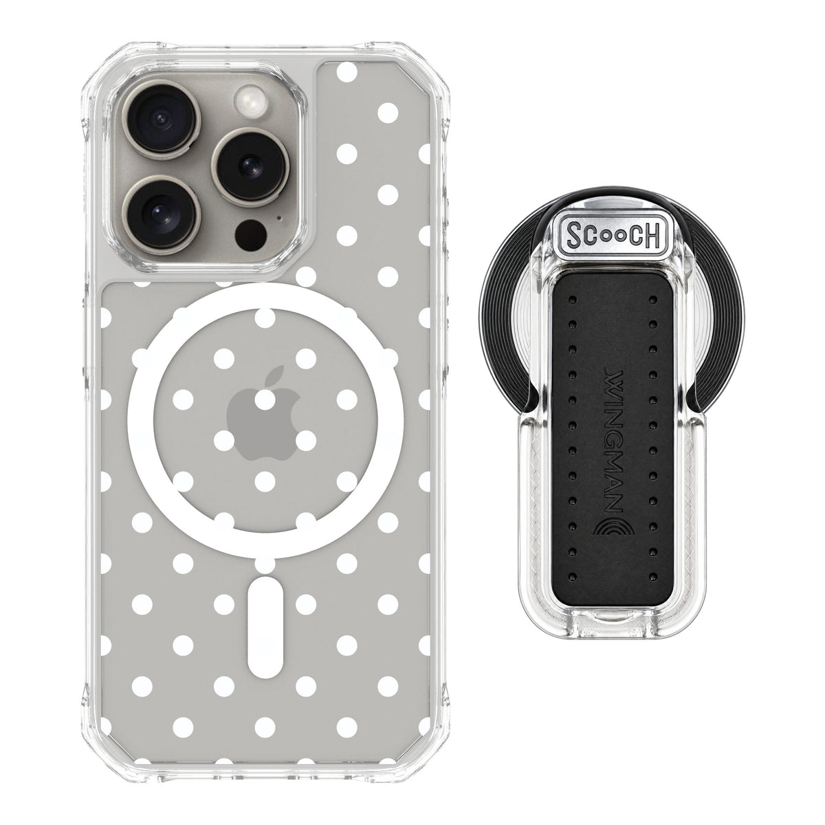 Scooch MagCase Polka Dots for iPhone 15 Pro — MagSafe Wingback Bundle - Clear