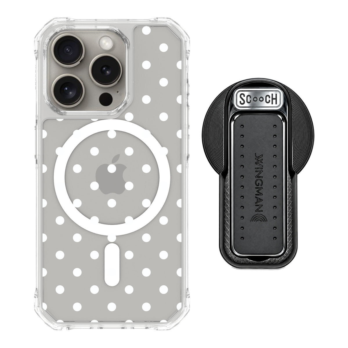 Scooch MagCase Polka Dots for iPhone 15 Pro — MagSafe Wingback Bundle - Black