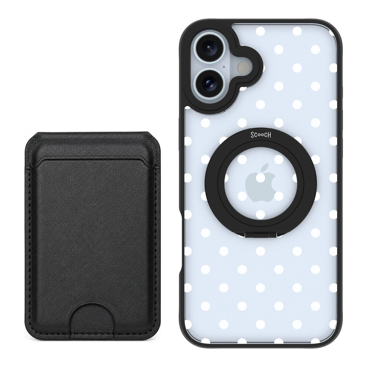 Scooch MagCase Polka Dots for iPhone 16 Plus — Black MagWallet Bundle