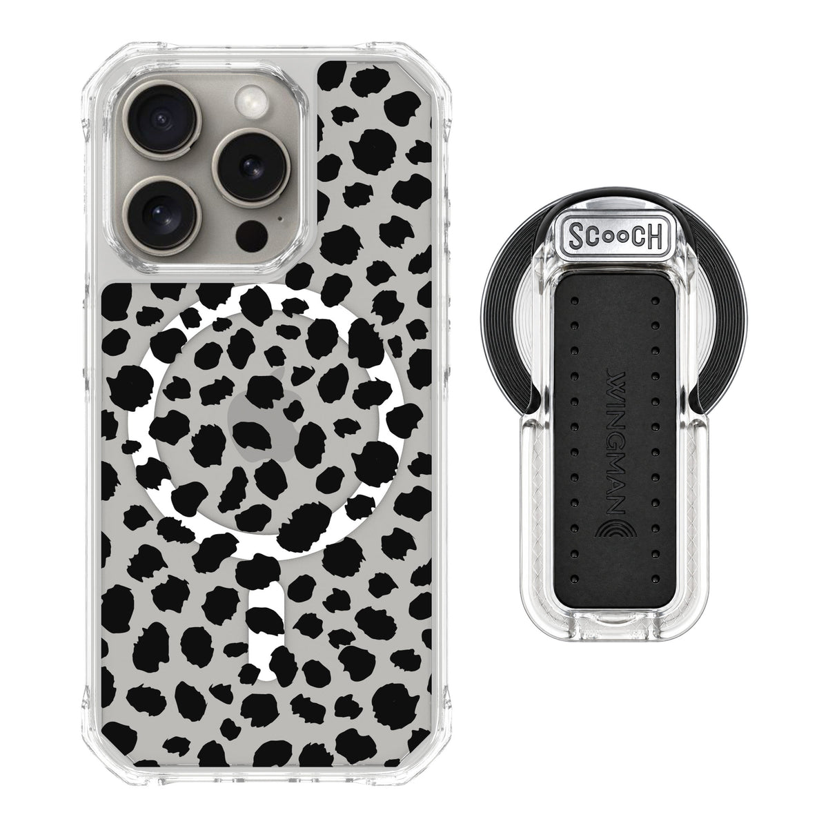 Scooch MagCase Black Leopard for iPhone 15 Pro — MagSafe Wingback Bundle - Clear
