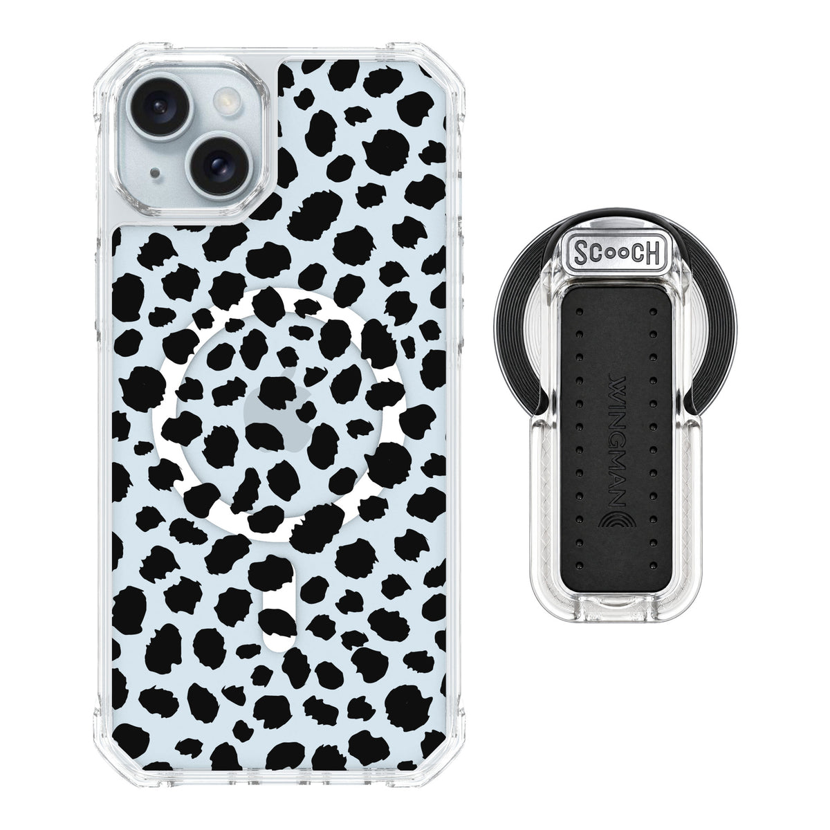 Scooch MagCase Black Leopard for iPhone 15 Plus — MagSafe Wingback Bundle - Clear