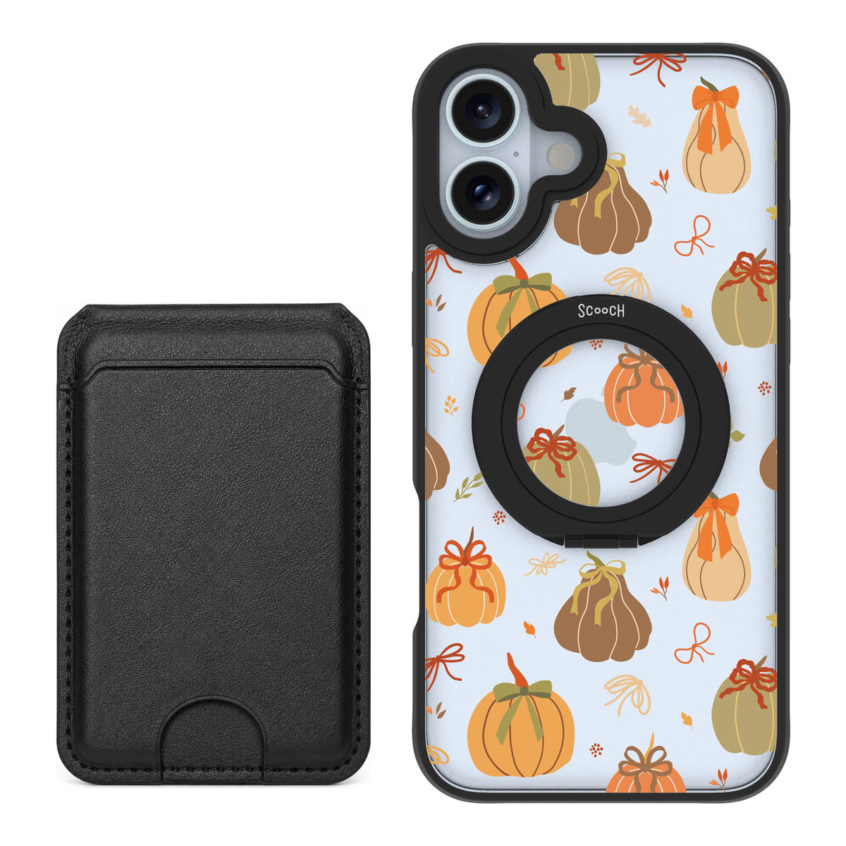 Scooch MagCase Pretty Pumpkins for iPhone 16 Plus — Black MagWallet Bundle